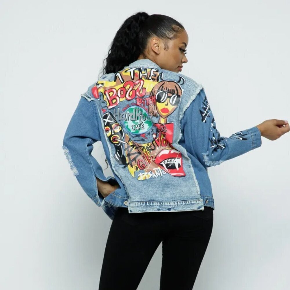 Blue B. Distressed Graffiti Patchwork Denim Jacket